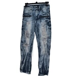 ROAD NARROWS Acid Wash Blue Moto Distressed Denim Jeans Boys Size 12 (26"x27")